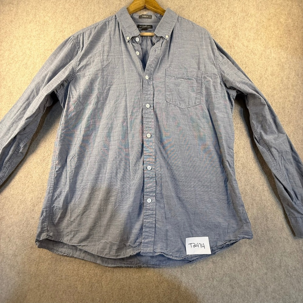 Eddie Bauer Mens Large Classic Fit Blue White Micro Stripe Button Down Shirt